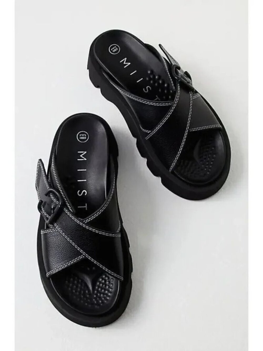 Miista Black Leather Platform Slide Sandals Cross Strap Buckle Lug Sole EU 40